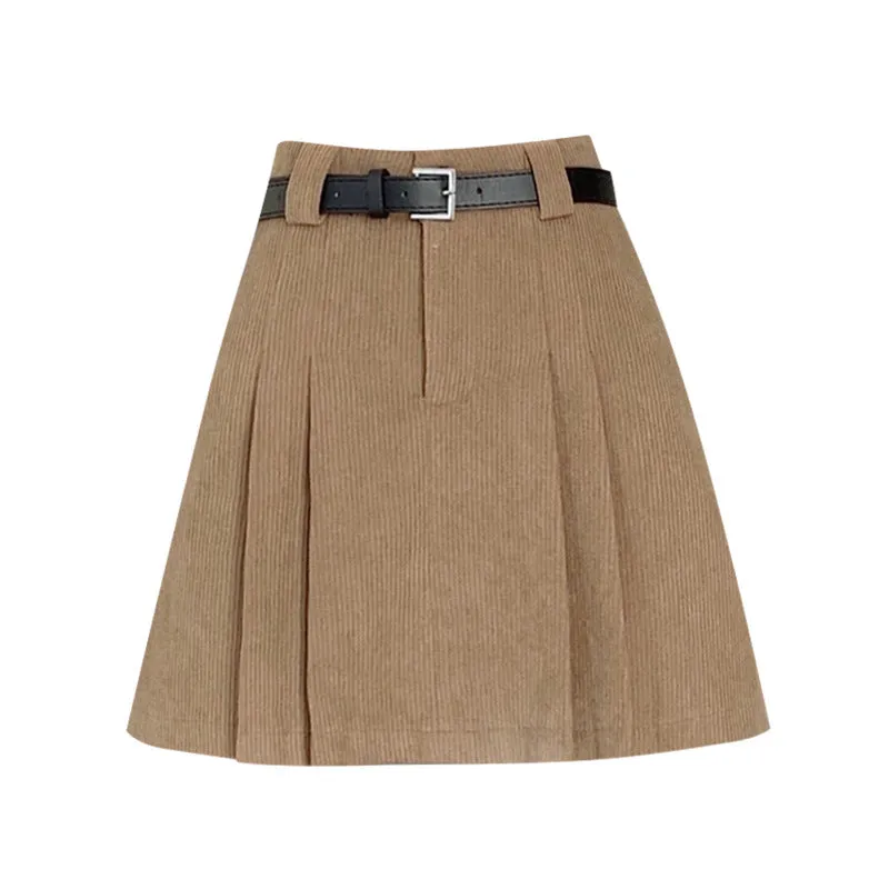 Lanfubeisi business casual outfits Autumn and Winter Preppy Style Loose Slimming Corduroy A- line Pleated High Waist Anti-Exposure Skirt