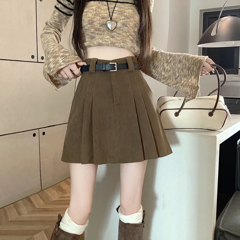 Lanfubeisi business casual outfits Autumn and Winter Preppy Style Loose Slimming Corduroy A- line Pleated High Waist Anti-Exposure Skirt