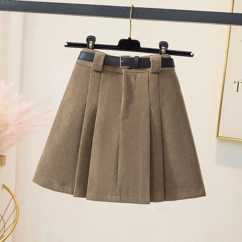 Lanfubeisi business casual outfits Autumn and Winter Preppy Style Loose Slimming Corduroy A- line Pleated High Waist Anti-Exposure Skirt