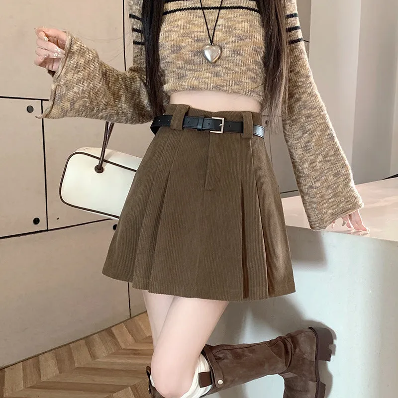 Lanfubeisi business casual outfits Autumn and Winter Preppy Style Loose Slimming Corduroy A- line Pleated High Waist Anti-Exposure Skirt