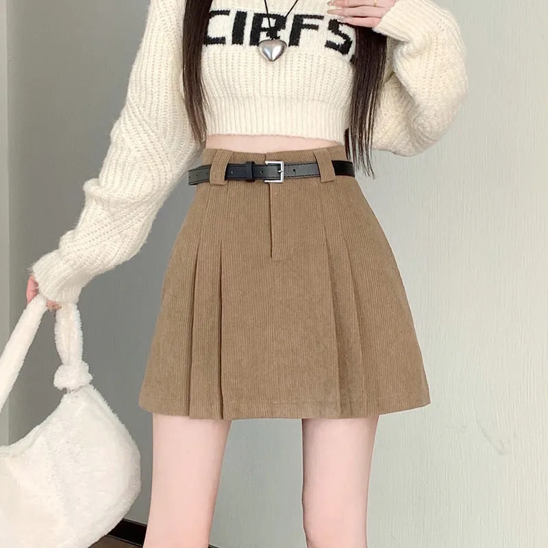 Lanfubeisi business casual outfits Autumn and Winter Preppy Style Loose Slimming Corduroy A- line Pleated High Waist Anti-Exposure Skirt