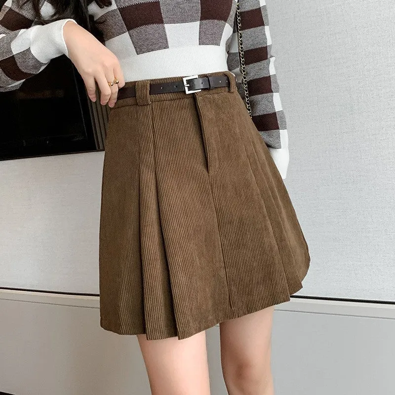 Lanfubeisi business casual outfits Autumn and Winter Preppy Style Loose Slimming Corduroy A- line Pleated High Waist Anti-Exposure Skirt