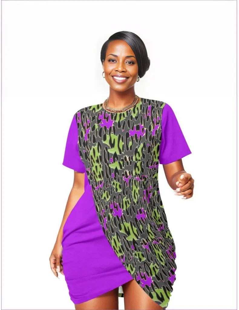 Leopard Splash Grunge Purple Women’s Stacked Hem Dress Voluptuous ( ) Plus Size