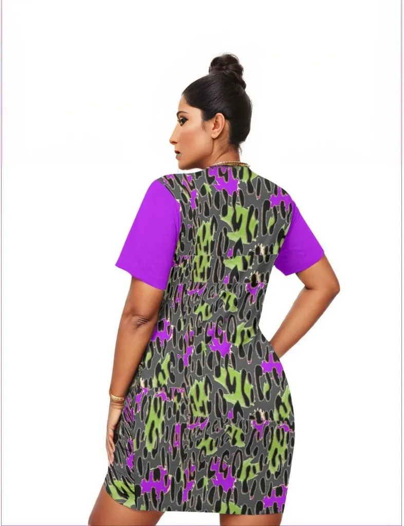 Leopard Splash Grunge Purple Women’s Stacked Hem Dress Voluptuous ( ) Plus Size