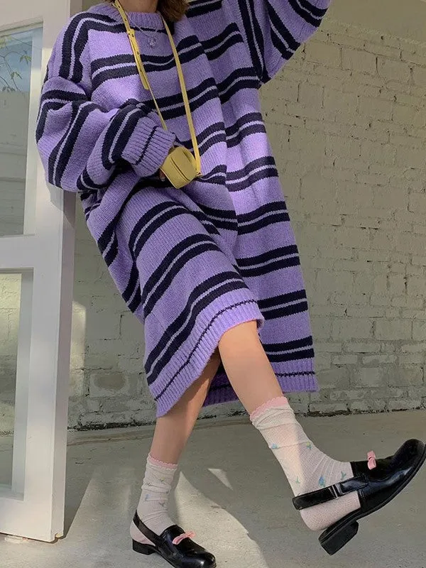 Long Sleeve Striped Pullover Sweater Maxi Dress