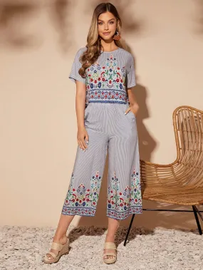 Lune Women's Floral Print Top And Striped Wide Leg Pants Sets