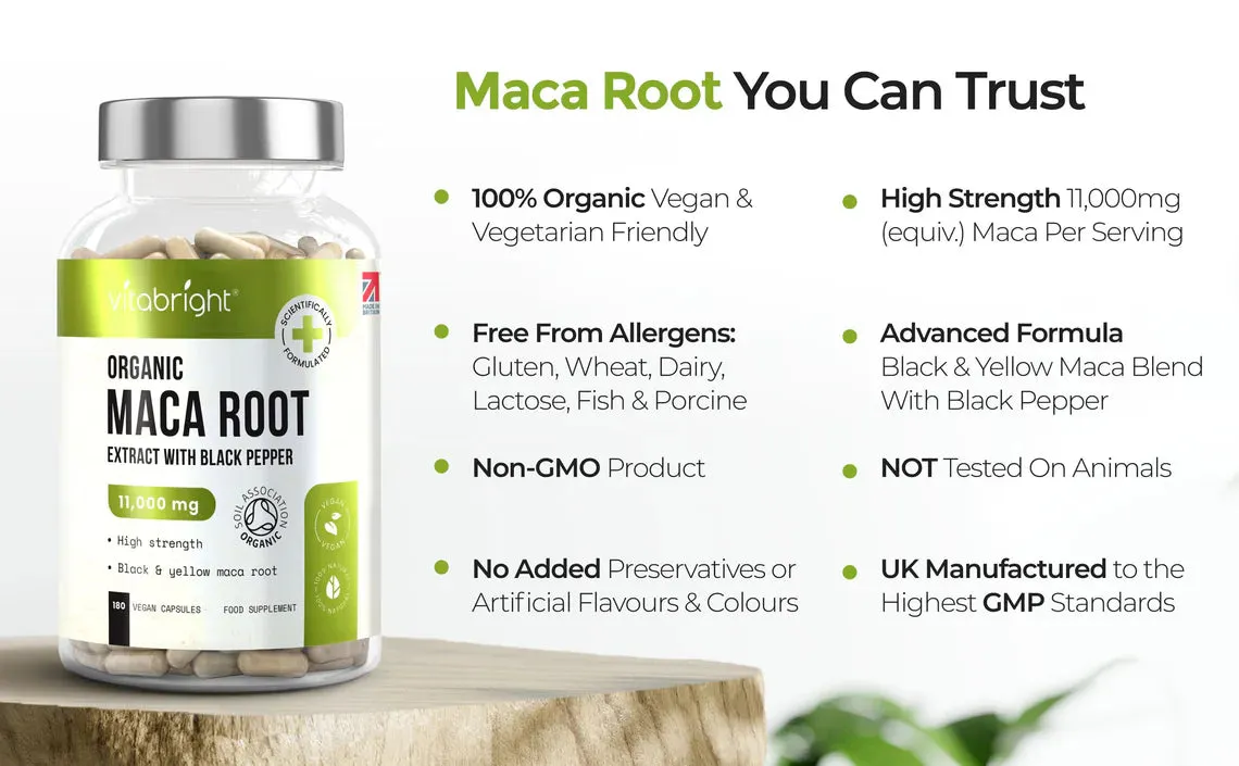 Maca Root High Strength Extract Organic Capsules 11,000mg - 180 = 3 Month Supply