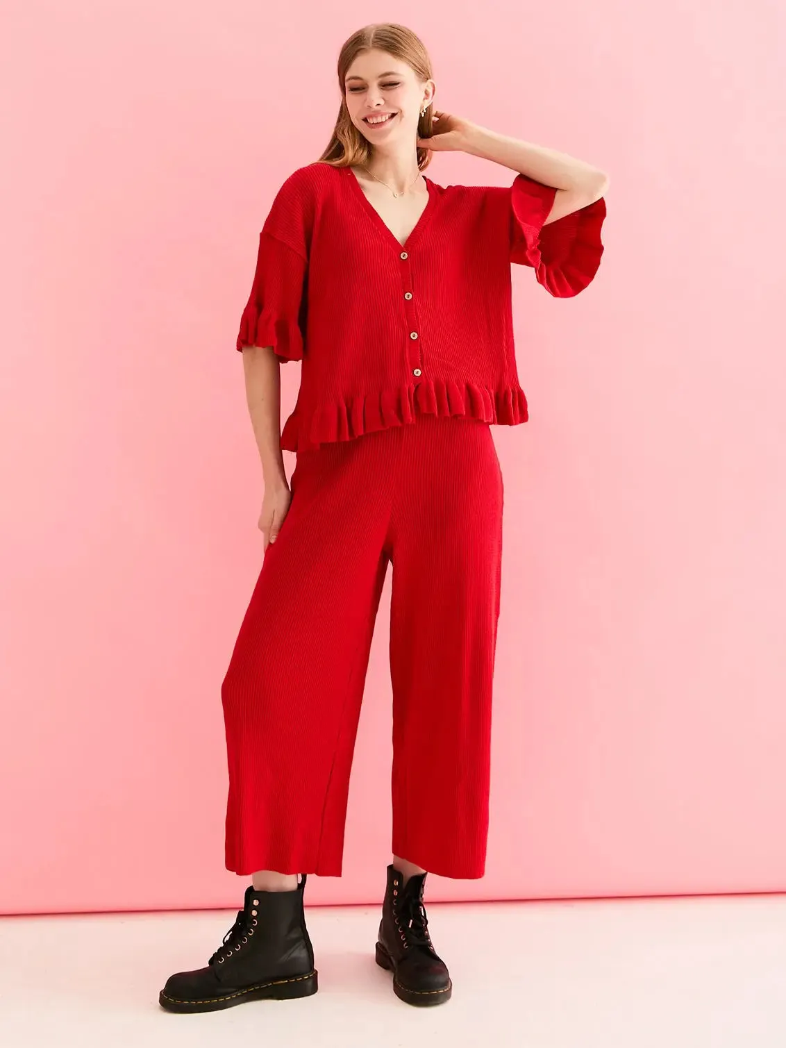 Martha Wide Leg Knitted Trousers Co-Ord - Red