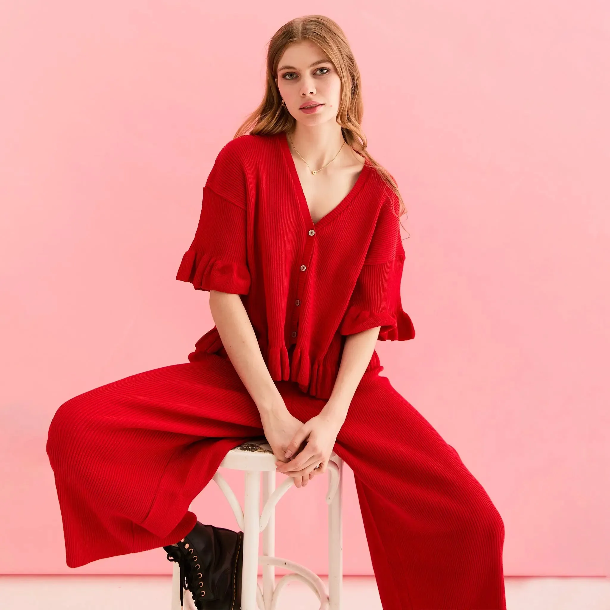 Martha Wide Leg Knitted Trousers Co-Ord - Red