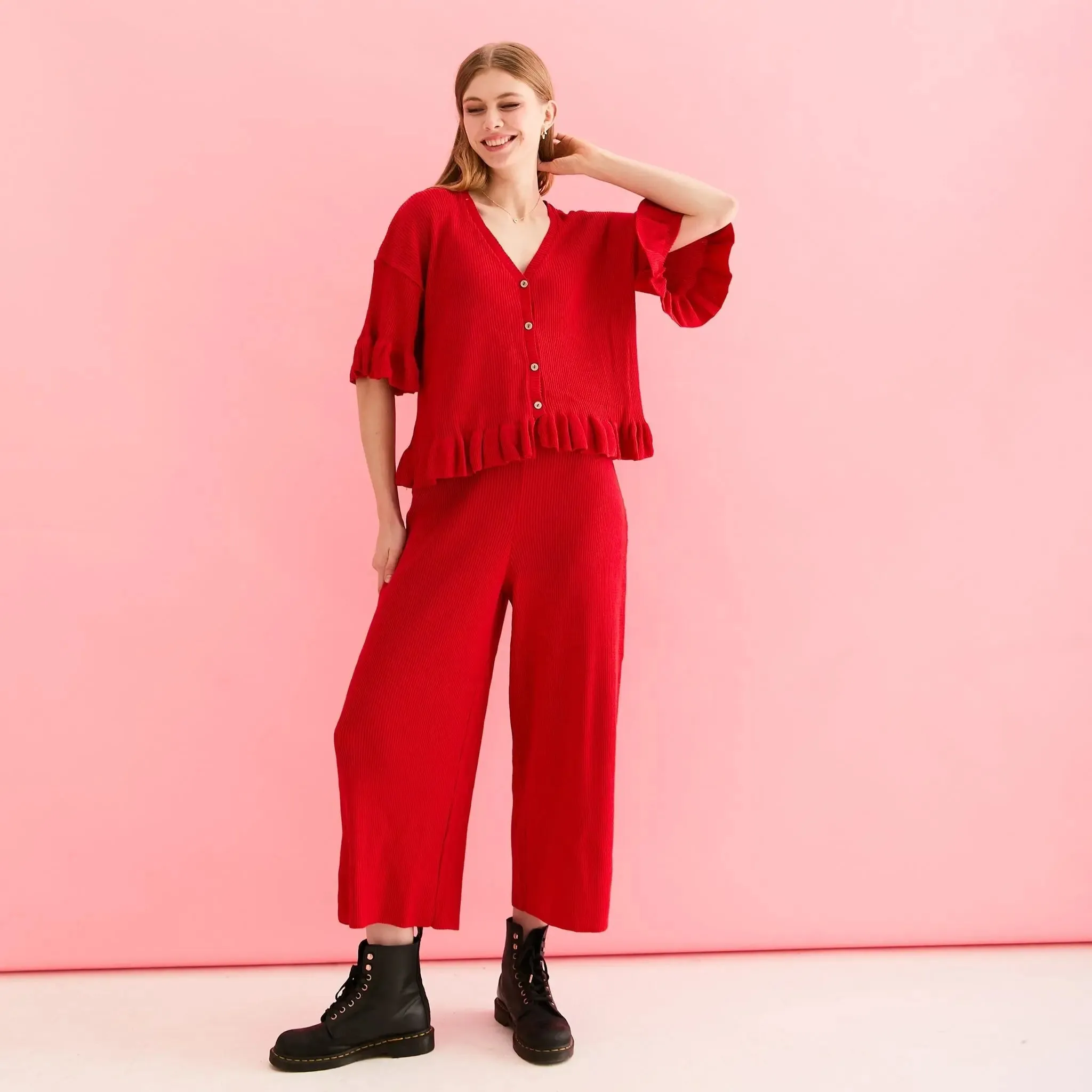 Martha Wide Leg Knitted Trousers Co-Ord - Red