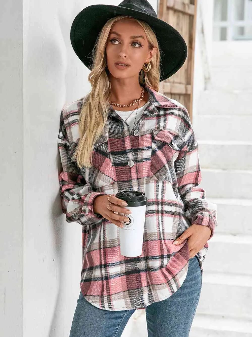 Meet You Outside Plaid Button Down Curved Hem Shacket - 3 Colors