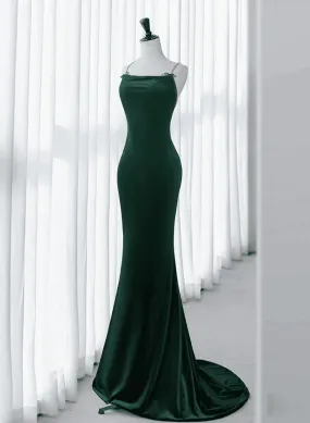 Mermaid Green Straps Backless Long Velvet Prom Dress, Green Party Dress