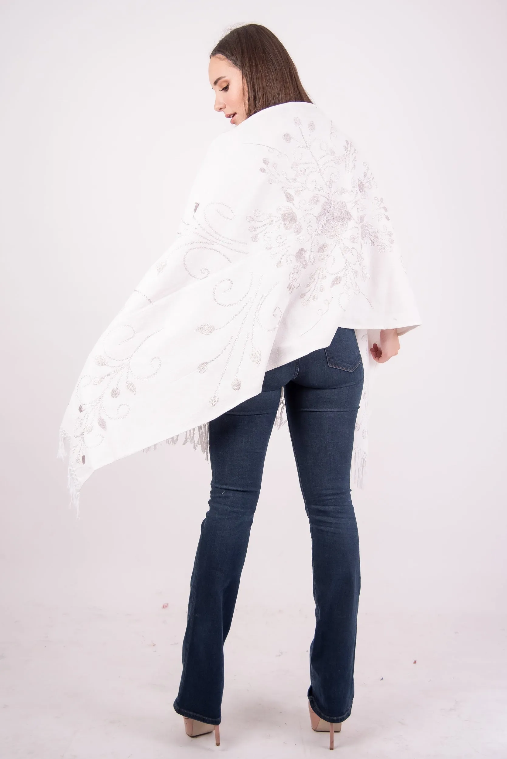 Mexican White with Silver Embroidery Shawl Chilapa