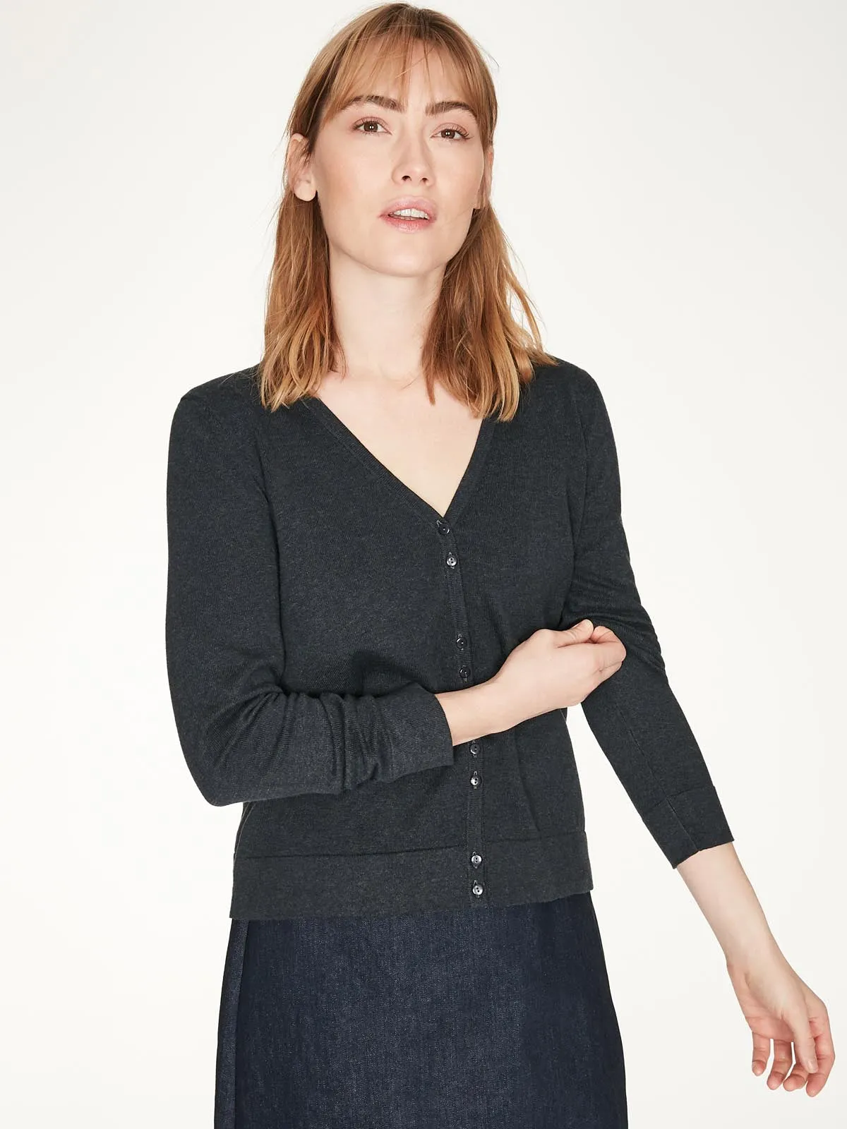 Midnight Navy Loren Organic Cotton V Neck Basic Cardigan