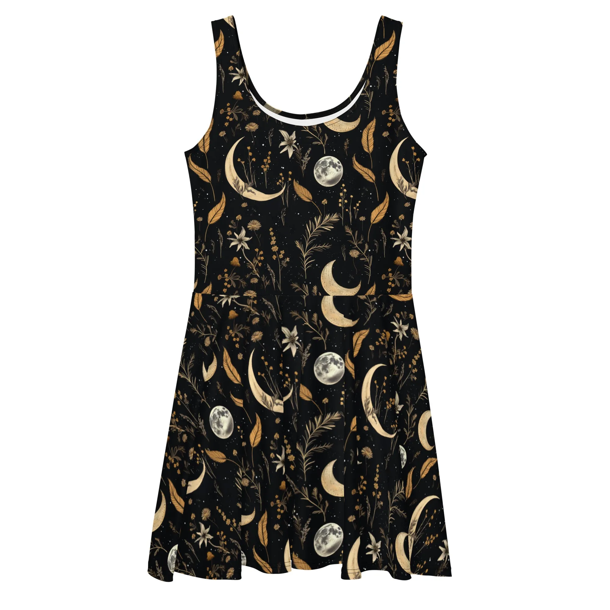 Moonlit Botanica Skater Dress - Dark Academia Cute Black Vegan Dress, Witchy Pagan Occult Fashion, Christmas Goth Gifts