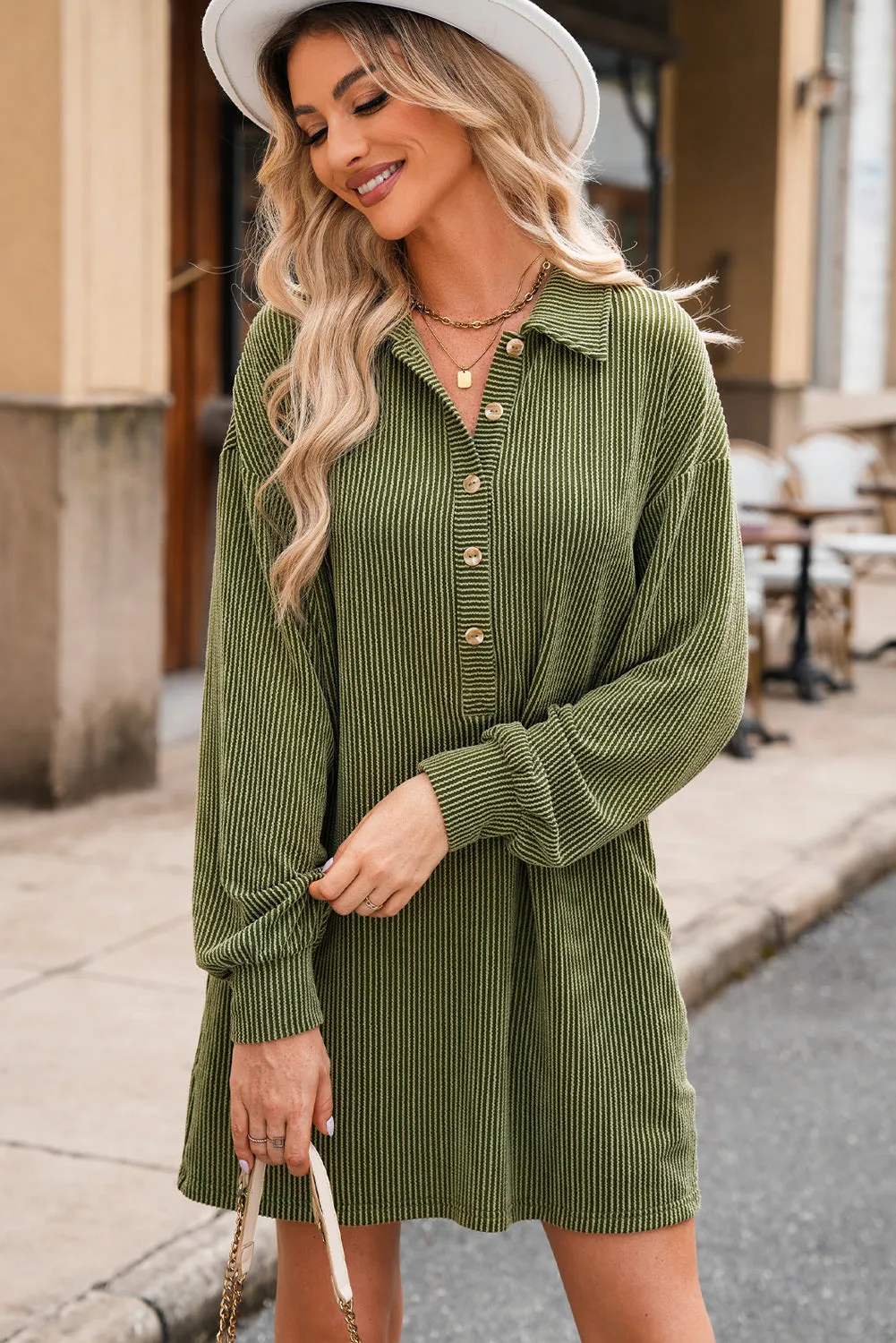 Moss Green Corded Buttons Placket Collared Shift Dress