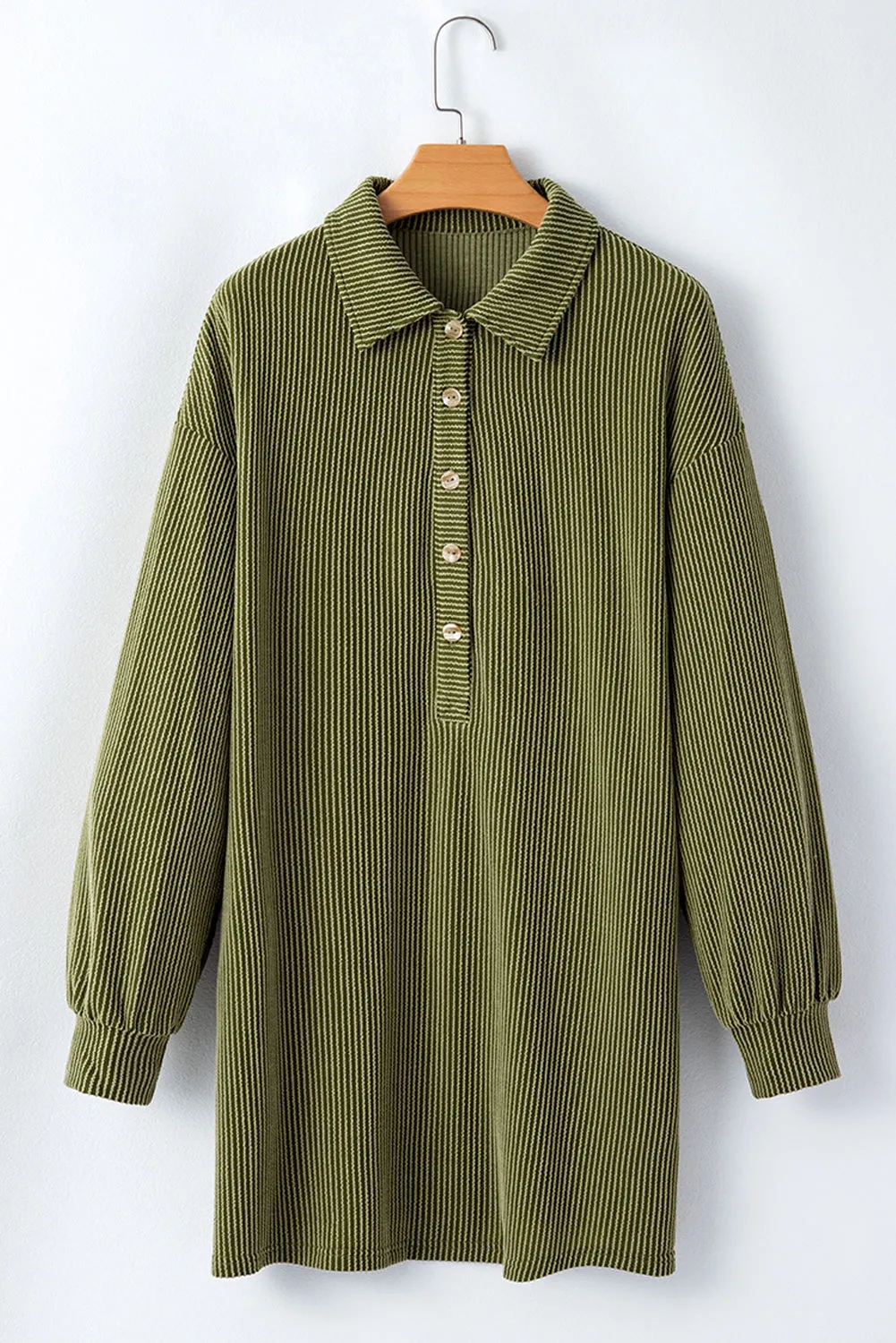 Moss Green Corded Buttons Placket Collared Shift Dress