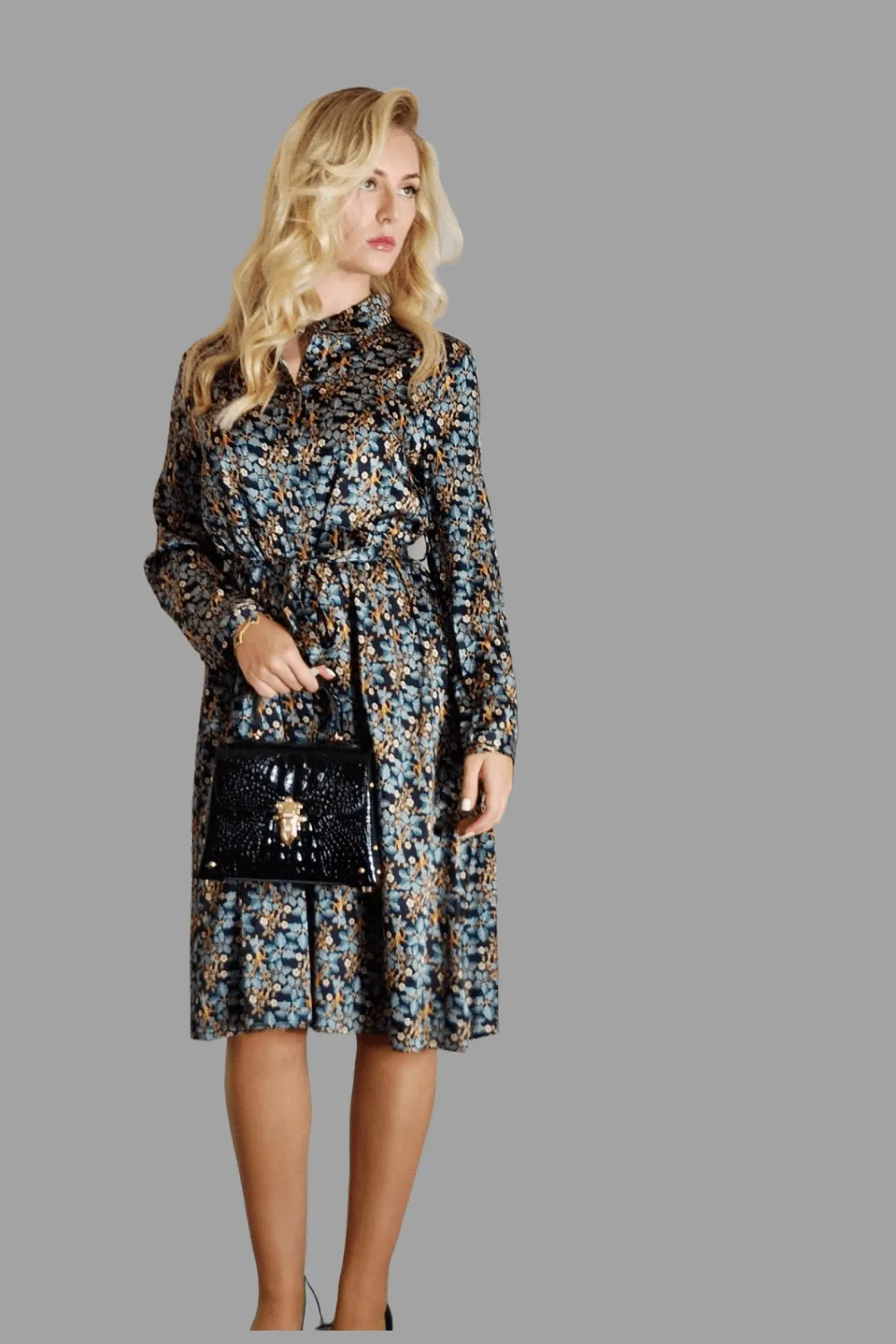 Mulberry Silk Midi Shirt Dress with floral print in Black