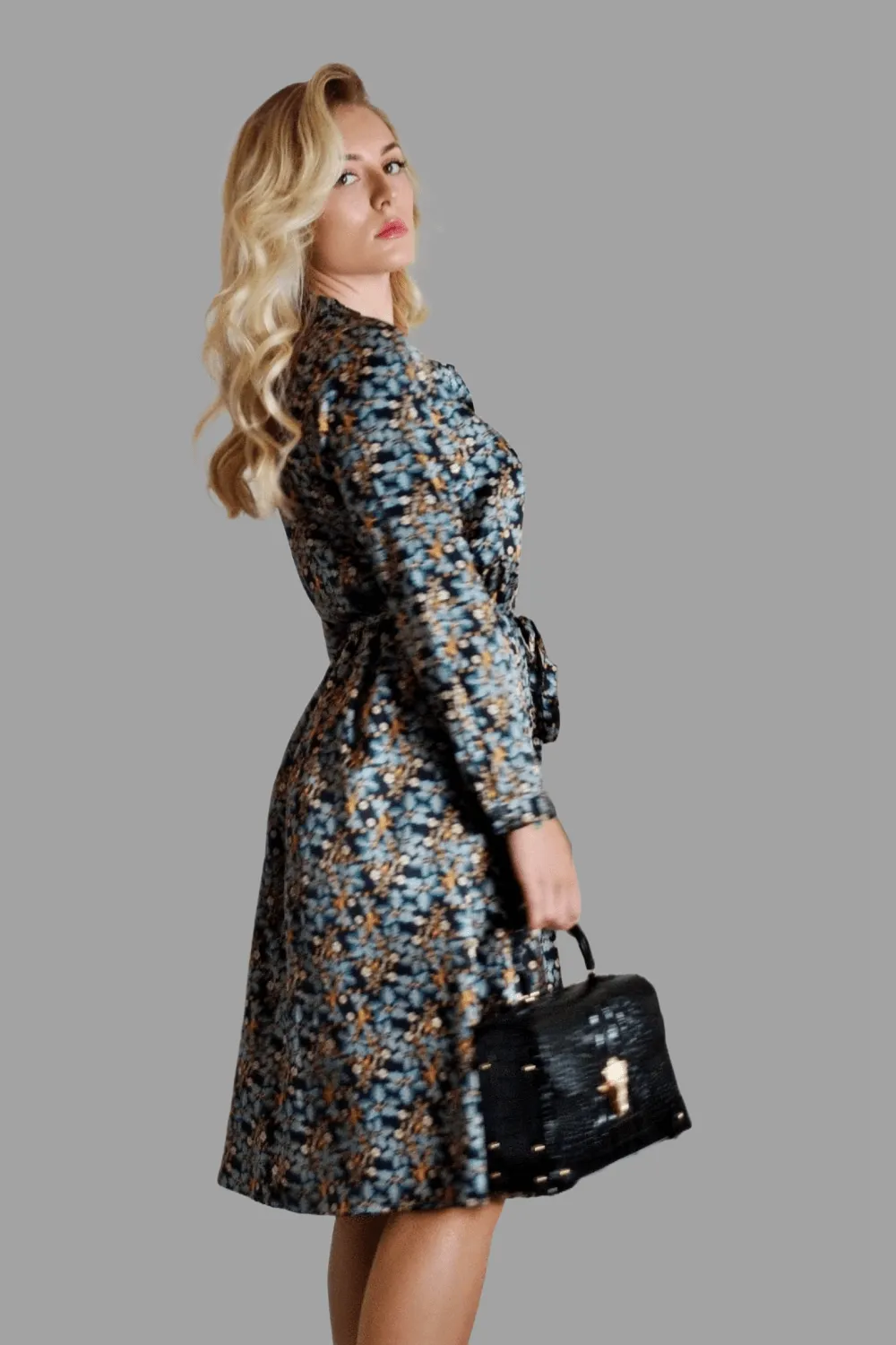 Mulberry Silk Midi Shirt Dress with floral print in Black