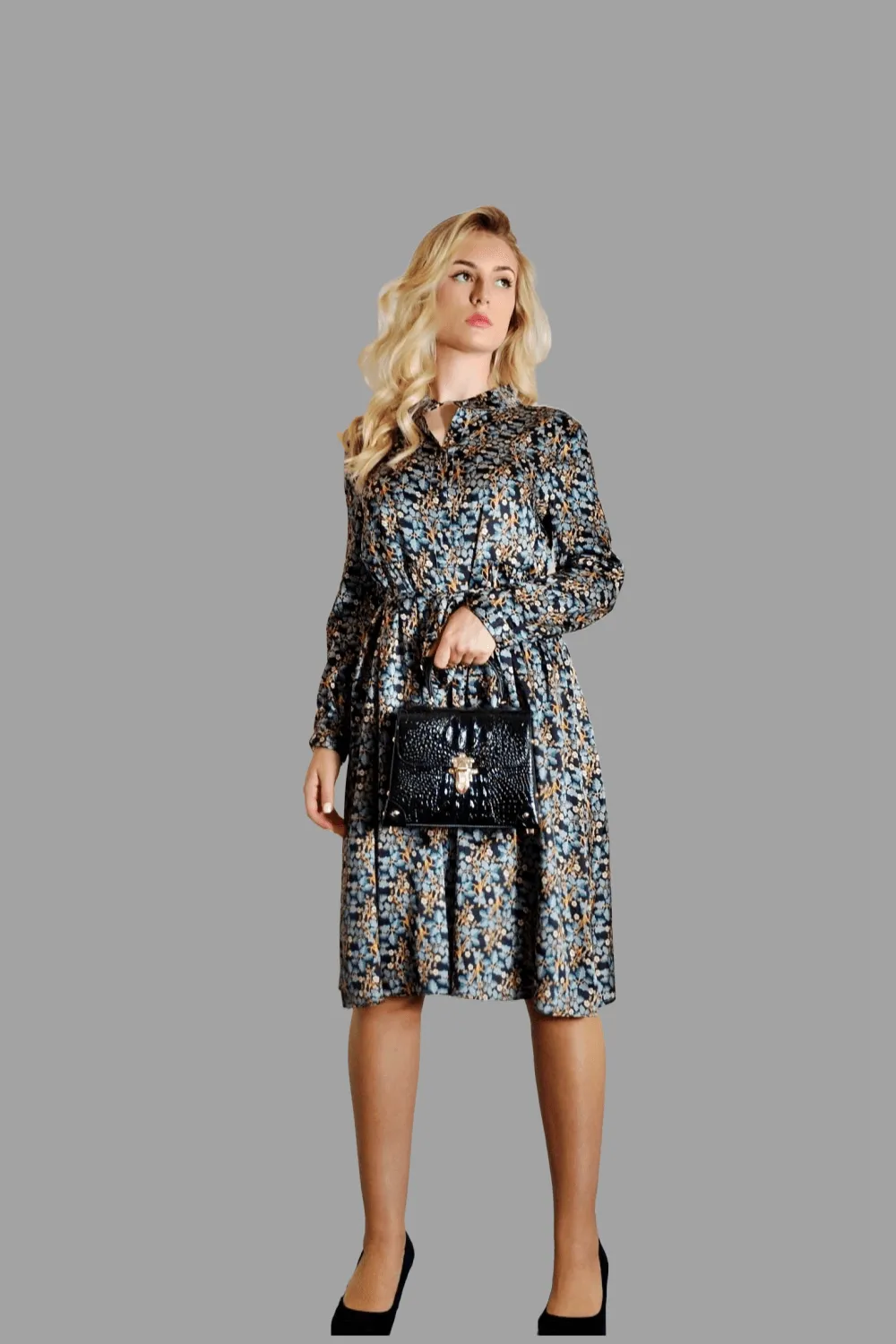 Mulberry Silk Midi Shirt Dress with floral print in Black