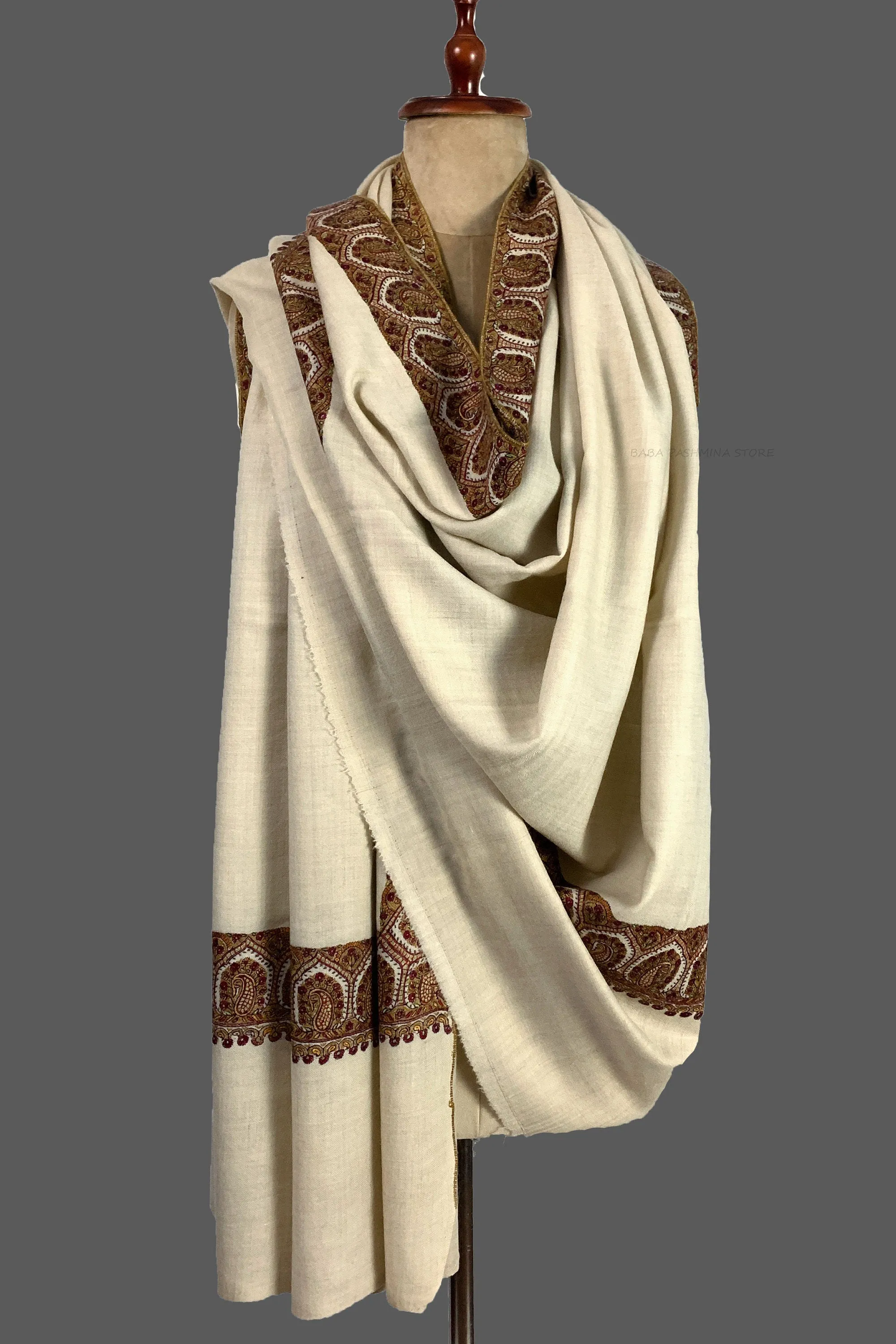 Natural Pure Pashmina Hand Embroidery Shawl made in Kashmir, Handwoven