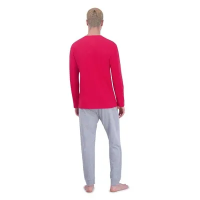 New - Hanes Originals Men's 2pc Super Soft French Terry Joggers   Long Sleeve Slub Crewneck Sleep Pajama Set - Red/Heathered Gray S