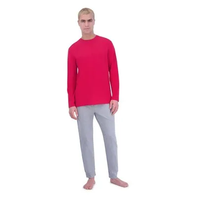 New - Hanes Originals Men's 2pc Super Soft French Terry Joggers   Long Sleeve Slub Crewneck Sleep Pajama Set - Red/Heathered Gray S