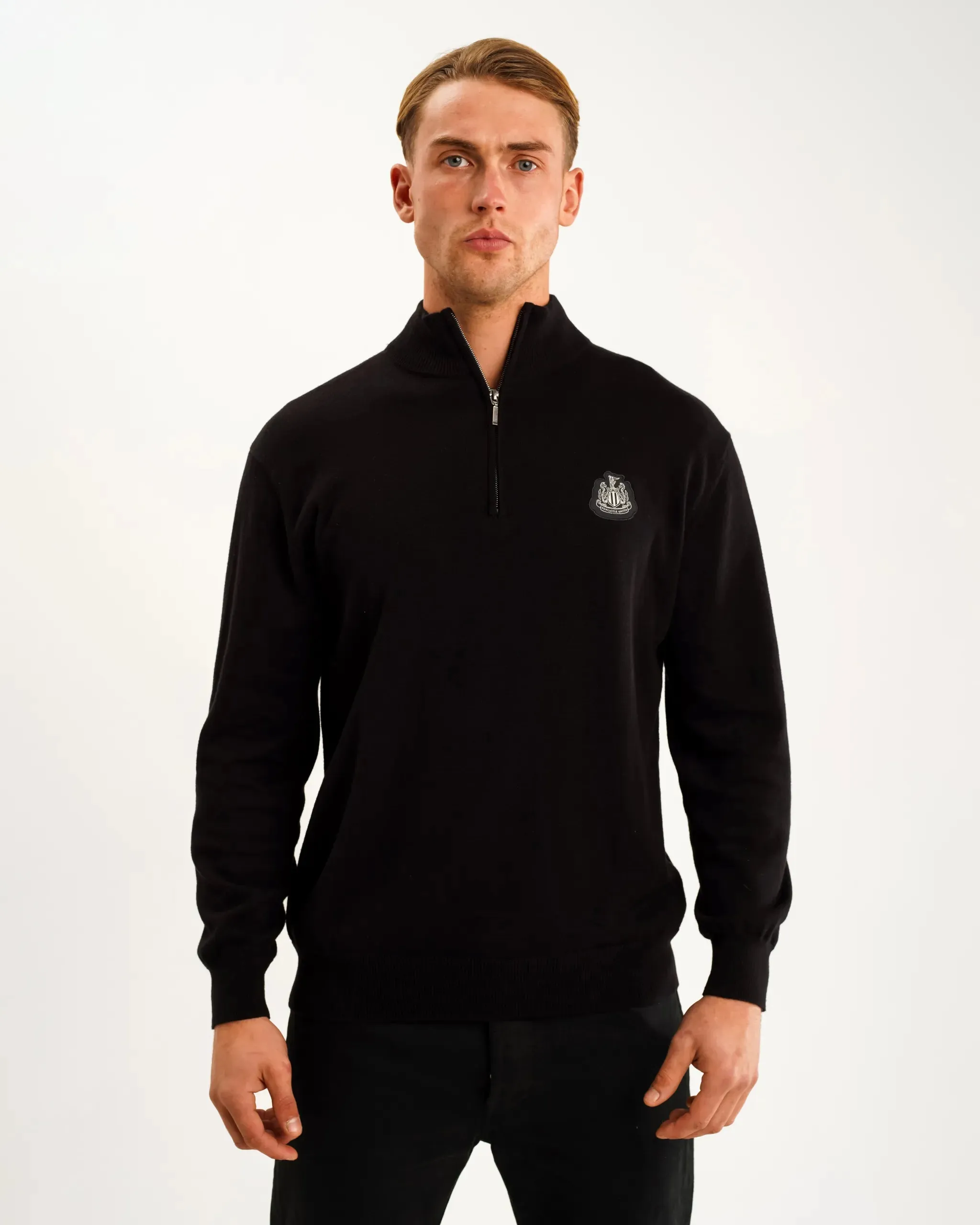 Newcastle United Men's Black Cotton Half Zip Knitted Sweater