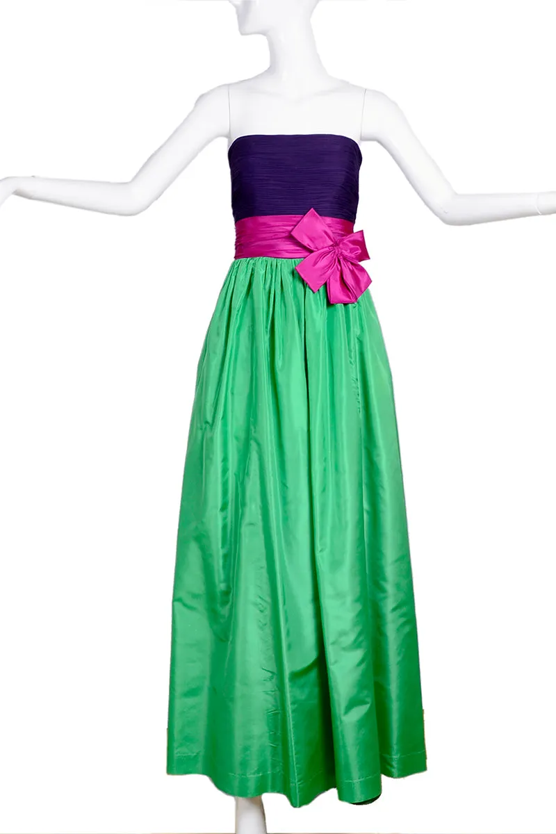 Nina Ricci Purple Pink & Green Color Block Strapless Evening Gown