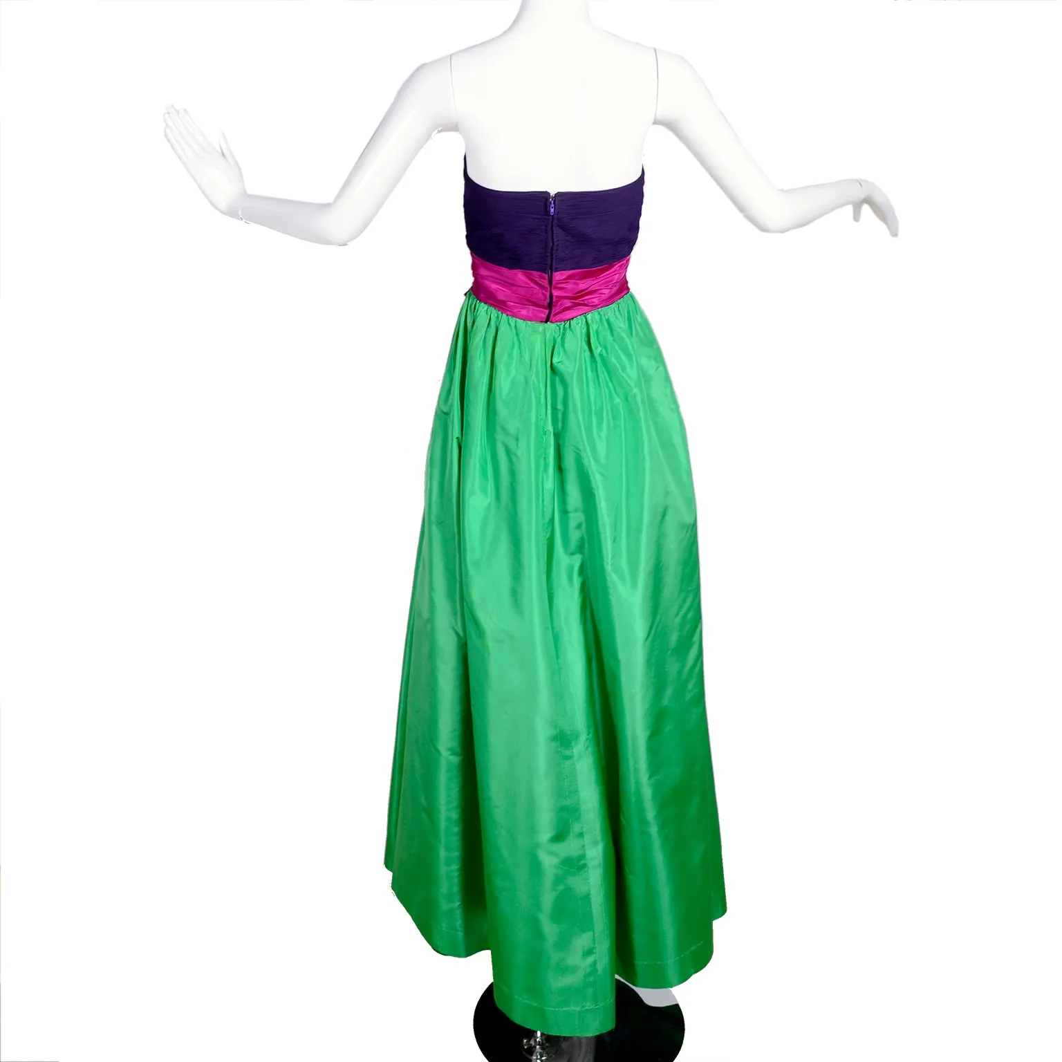 Nina Ricci Purple Pink & Green Color Block Strapless Evening Gown