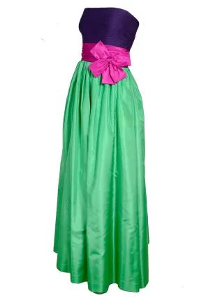 Nina Ricci Purple Pink & Green Color Block Strapless Evening Gown