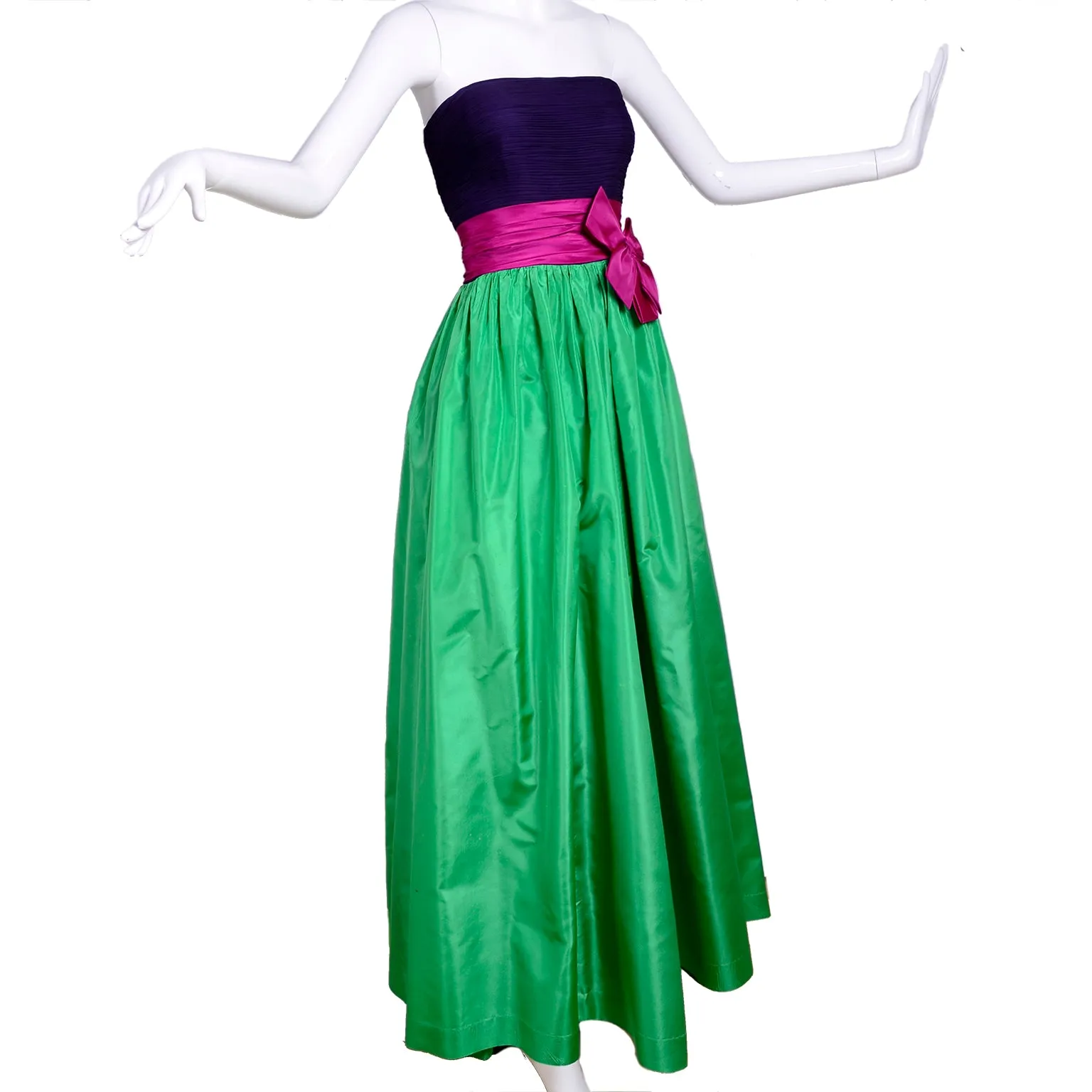 Nina Ricci Purple Pink & Green Color Block Strapless Evening Gown