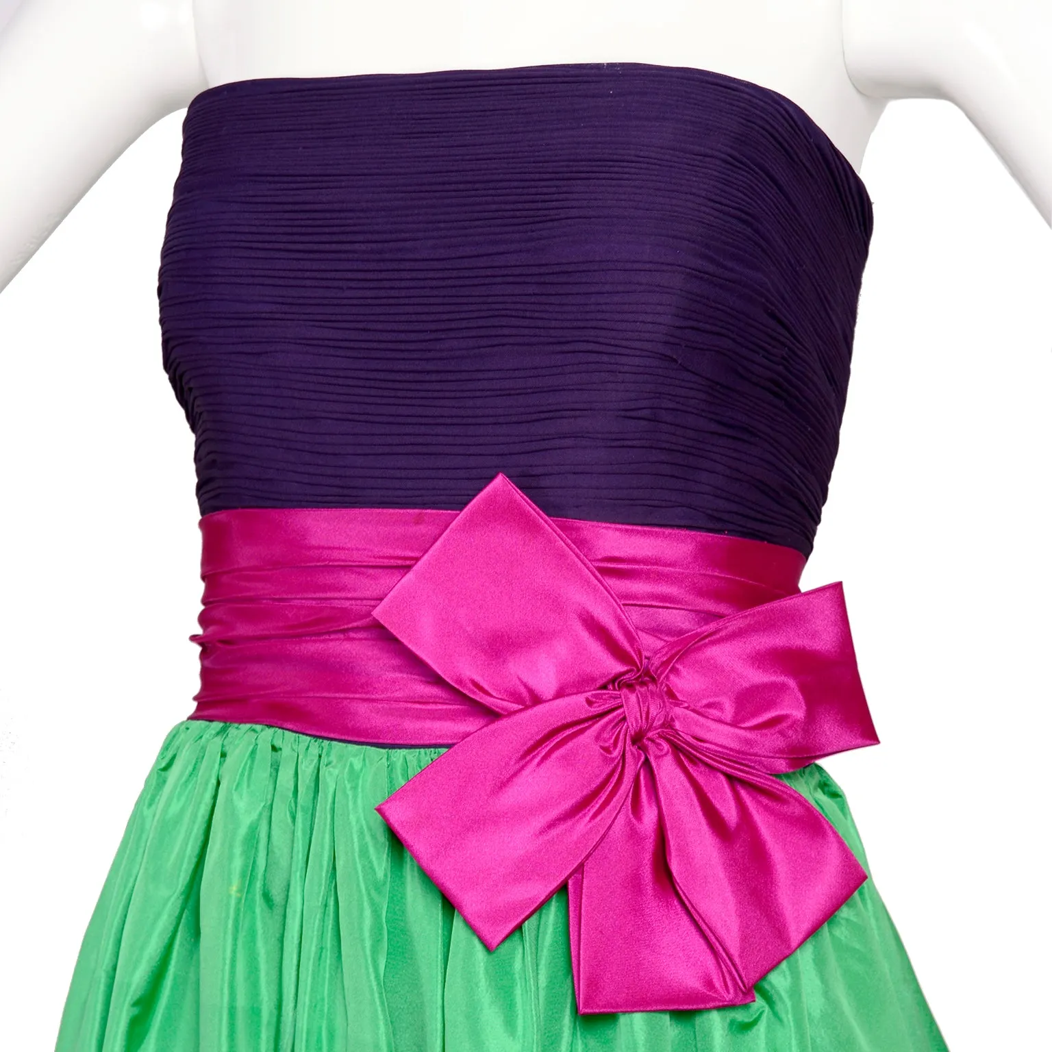 Nina Ricci Purple Pink & Green Color Block Strapless Evening Gown