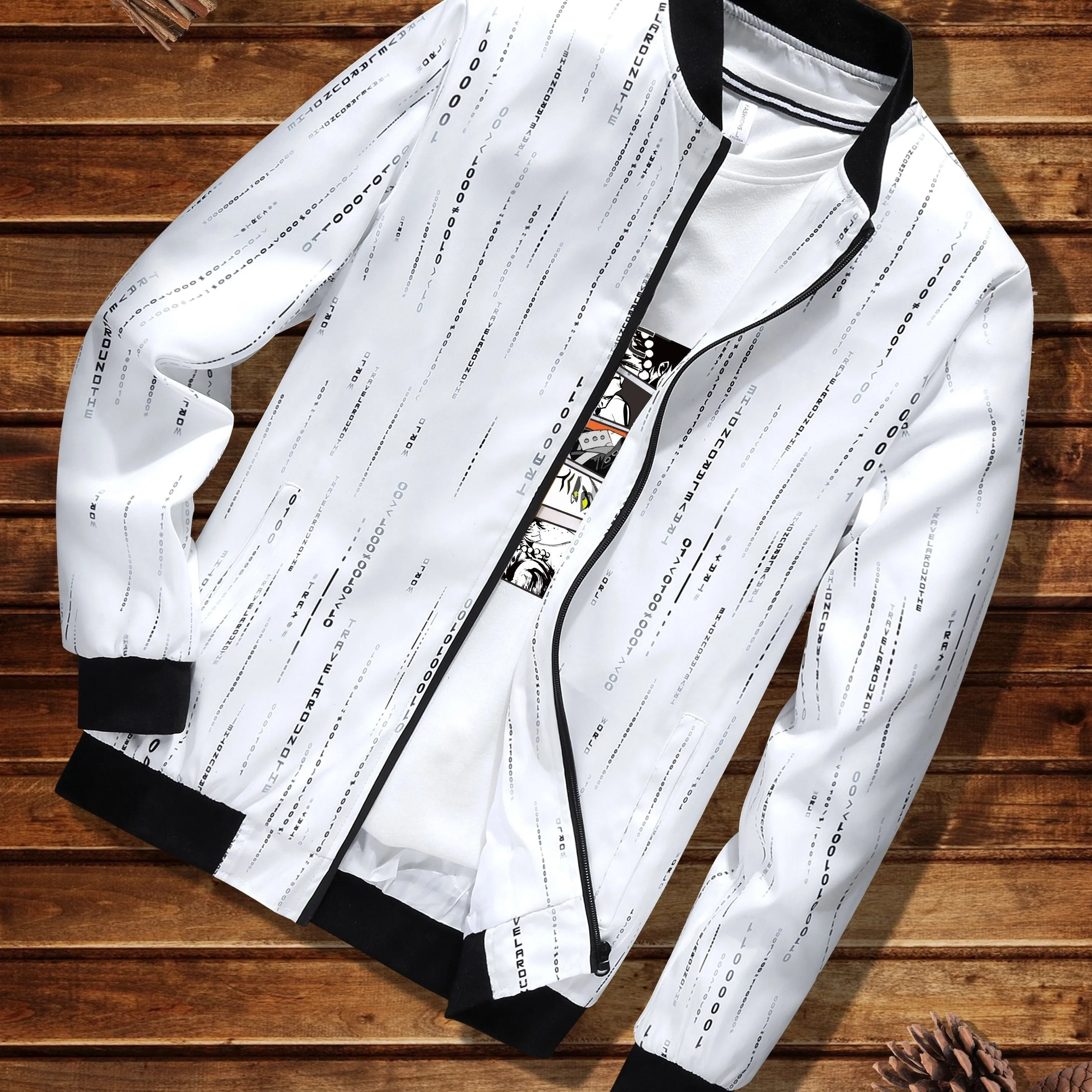 Number Print Lightweight Jacket, Men's Casual Baseball Collar Zip Up Jacket For Spring Fall