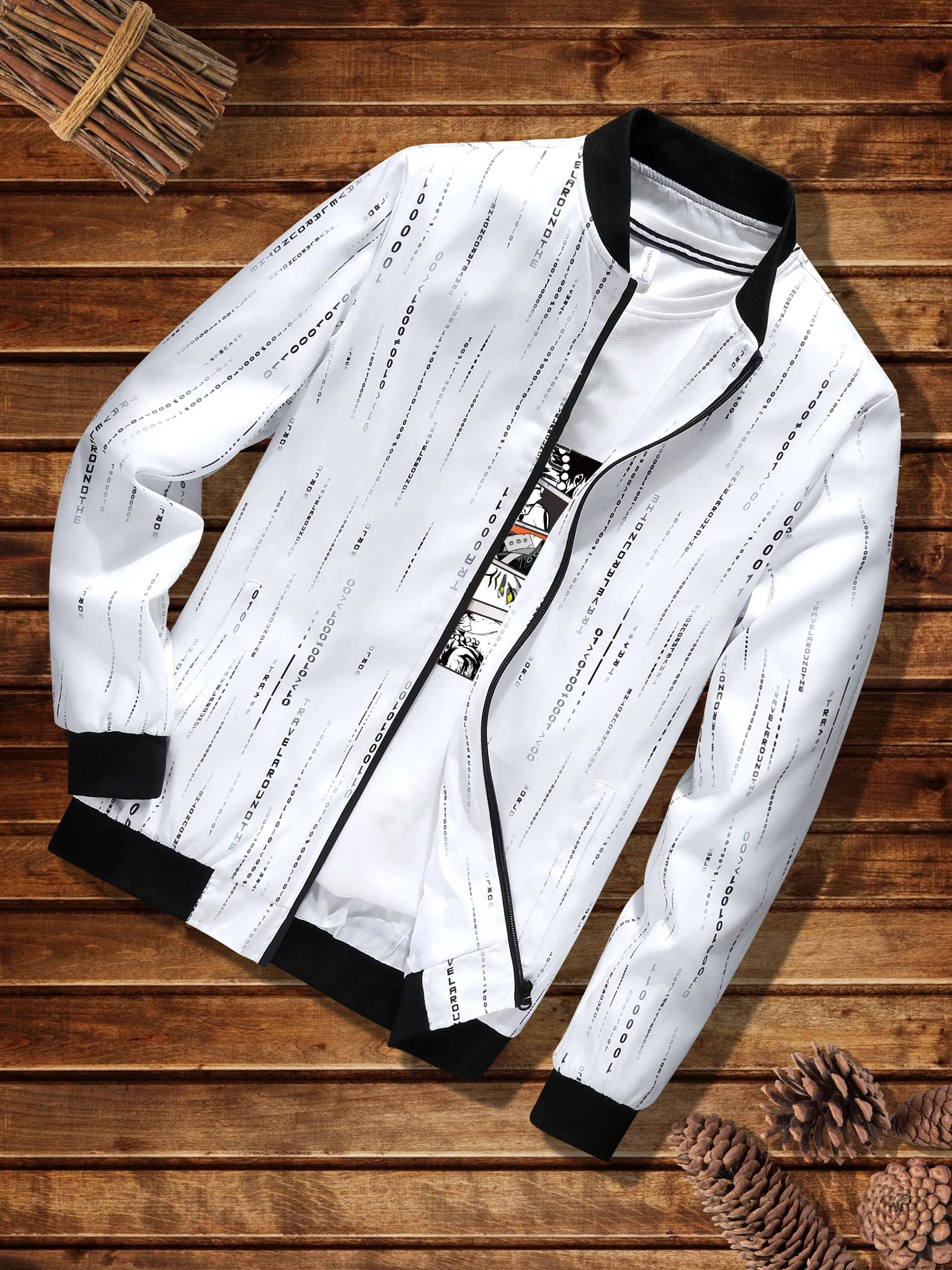 Number Print Lightweight Jacket, Men's Casual Baseball Collar Zip Up Jacket For Spring Fall