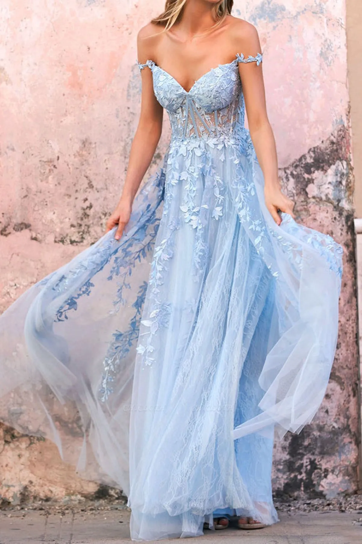 Off Shoulder Light Blue Lace Long Prom Dress, Light Blue Lace Formal Dress, Blue Evening Dress A1711