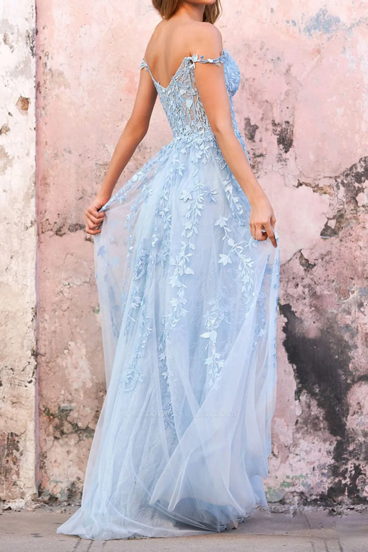 Off Shoulder Light Blue Lace Long Prom Dress, Light Blue Lace Formal Dress, Blue Evening Dress A1711