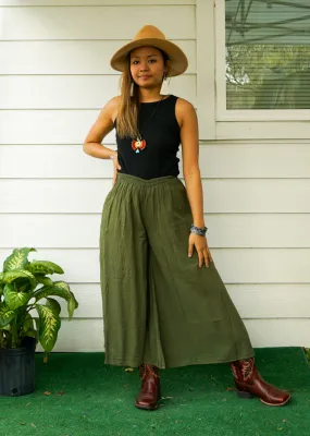 Olive Green Raw Organic Cotton Gauze Wide Legs Palazzo Pants