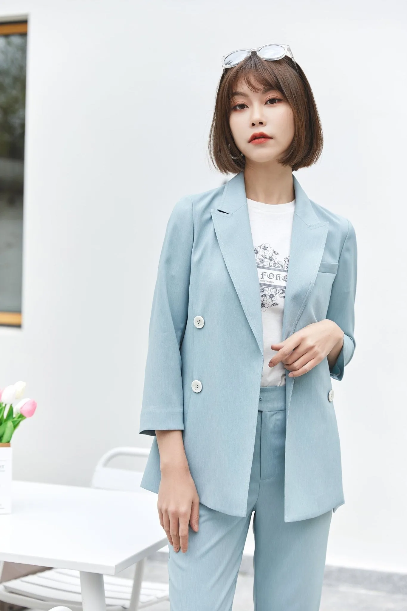 Pale Blue Narrow Leg Pencil Pants Suits