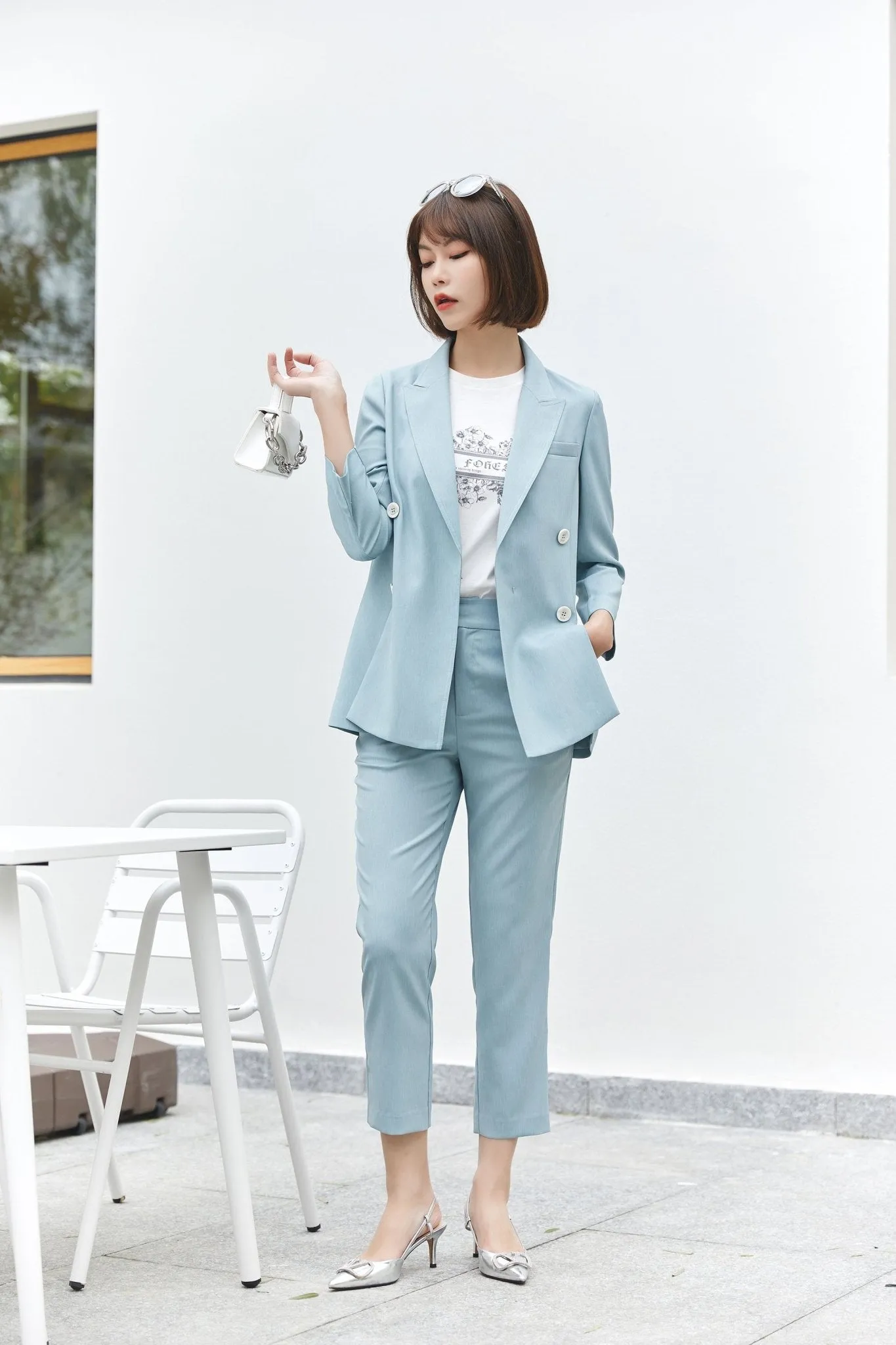 Pale Blue Narrow Leg Pencil Pants Suits