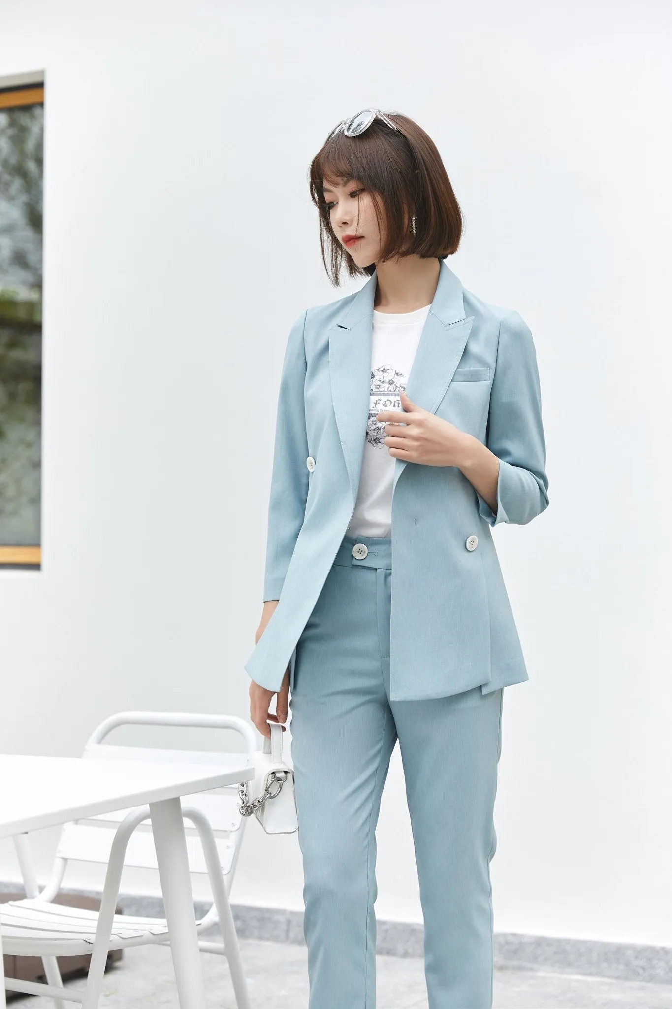 Pale Blue Narrow Leg Pencil Pants Suits