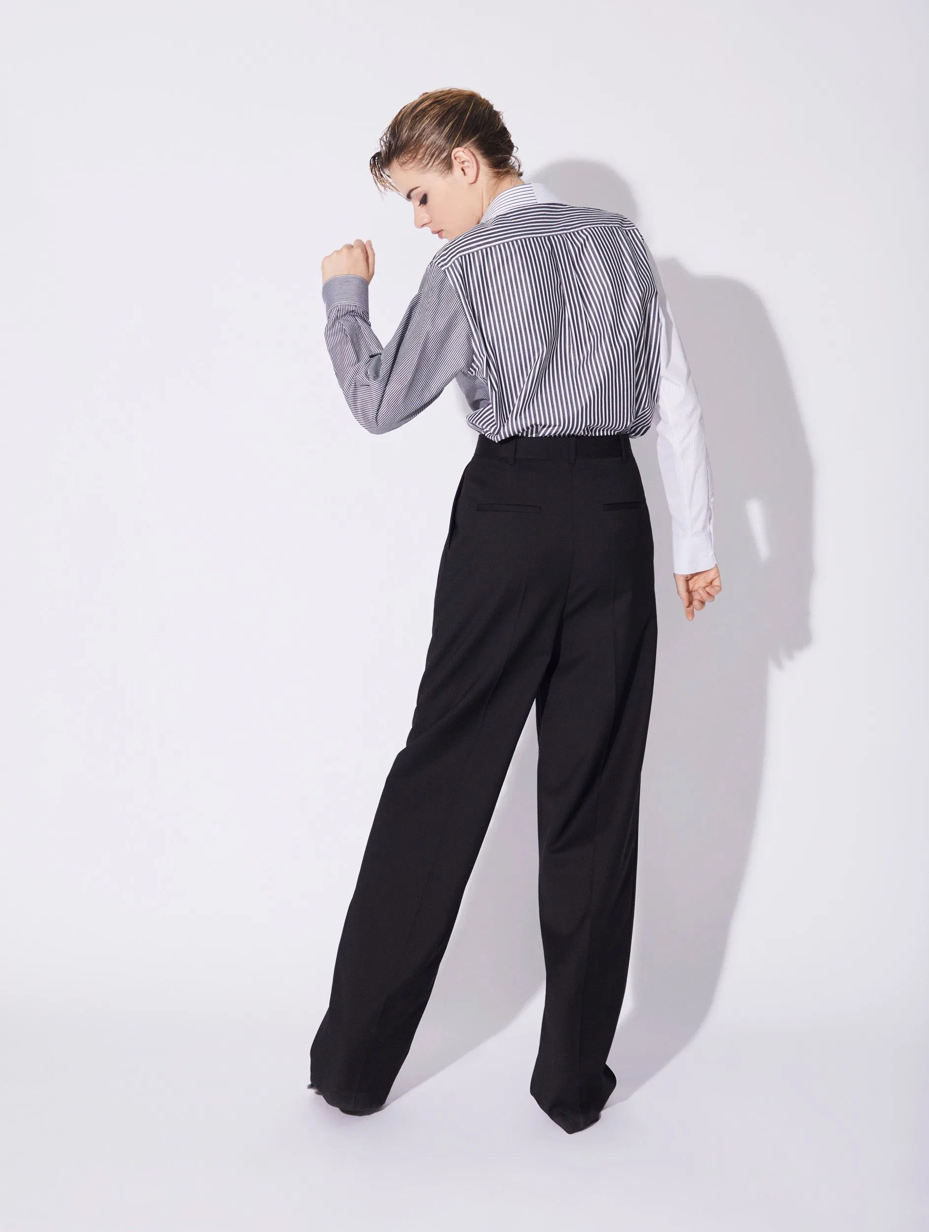 Pantalon à plis taille haute en laine stretch noir