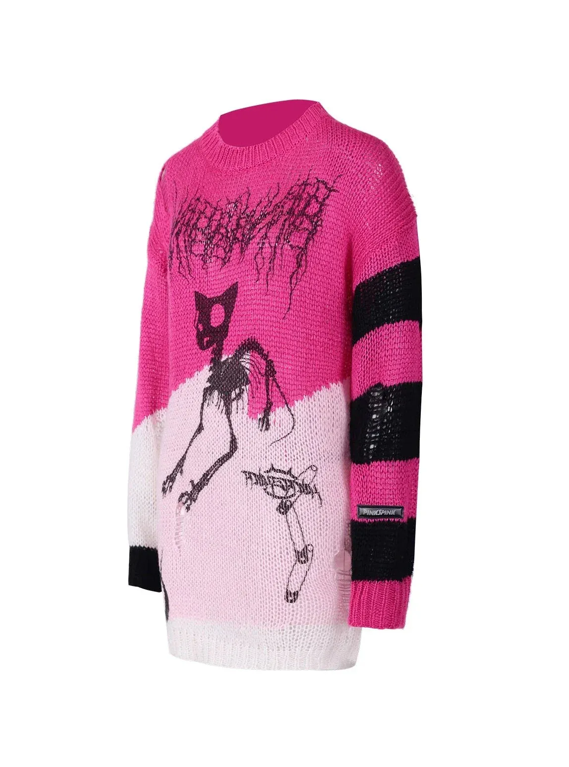 PINKSPINK Skeletal Cat Graphic Sweater - Black/Neon Green and Pink/Black