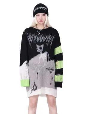 PINKSPINK Skeletal Cat Graphic Sweater - Black/Neon Green and Pink/Black