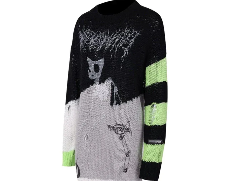 PINKSPINK Skeletal Cat Graphic Sweater - Black/Neon Green and Pink/Black