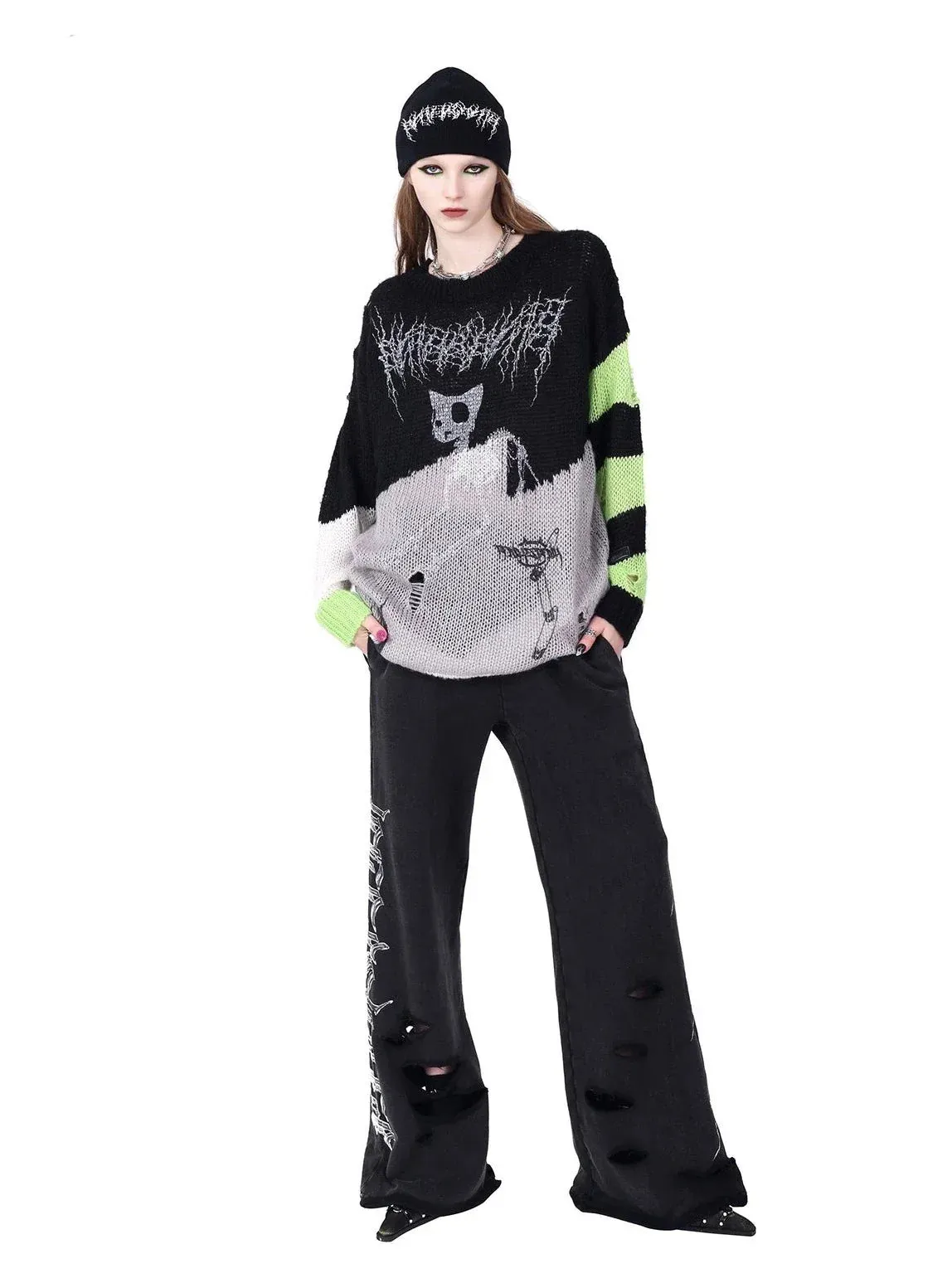 PINKSPINK Skeletal Cat Graphic Sweater - Black/Neon Green and Pink/Black