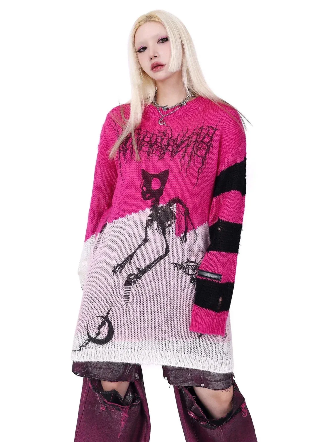 PINKSPINK Skeletal Cat Graphic Sweater - Black/Neon Green and Pink/Black