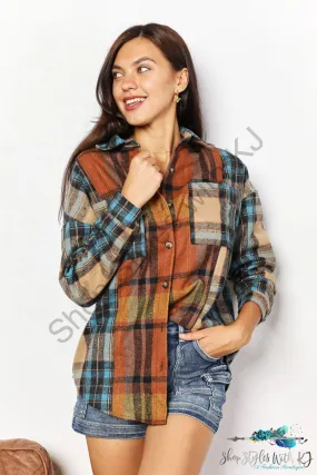 Plaid Curved Hem Shirt Jacket with Breast Pockets