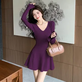 Purpdrank leapord halloween outfit Autumn and Winter Japanese and Korean Style Women's Long Sleeve V-neck Bell Sleeve Sweater Dress Slim Slimming Knitted Dress 6915