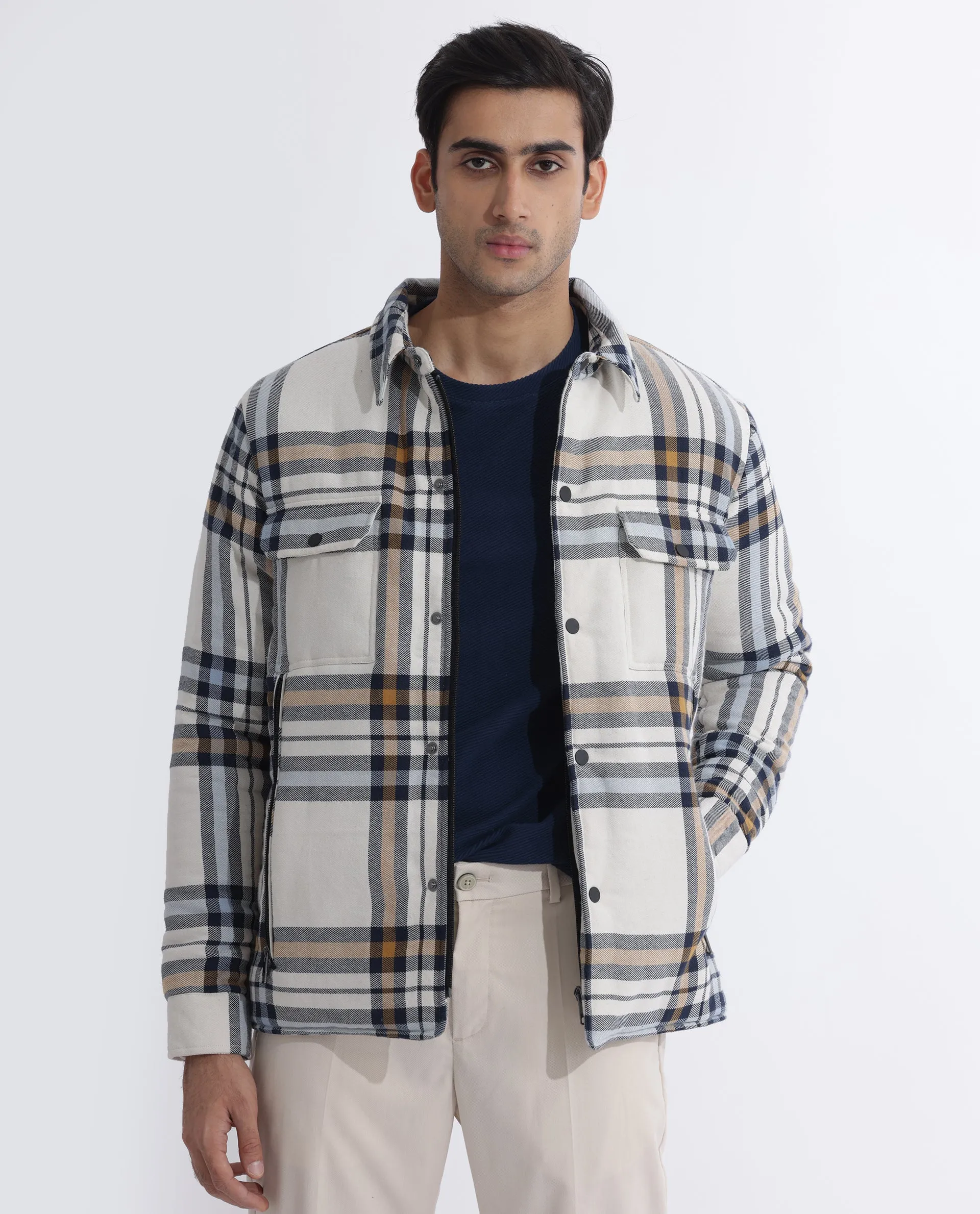 Rare Rabbit Men's Hollis Off-White Regular Collar Checks Shacket